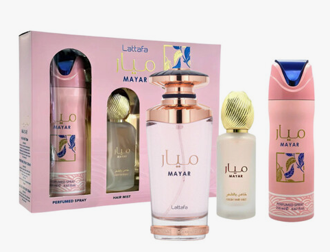 Lattafa Mayar 3-Piece Gift Set for Women – 3.4 oz EDP Spray, 6.7 oz Deo Spray, 1.6 oz Hair Mist 