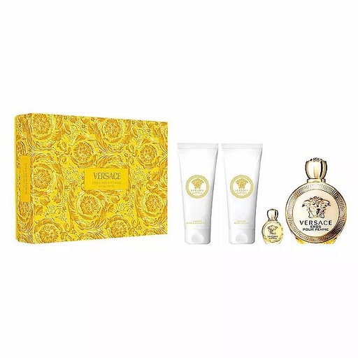 Versace Eros Pour Femme 4 PC  3.4 oz EDP SP with Luxury Bath Shower Gel, 3.4 oz Luxury Body Lotion & 0.17 oz EDP Mini Splash 